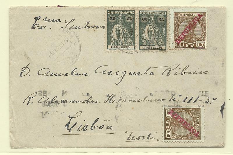 0360.jpg -     Lote:    360            São Tomé e Príncipe       Descrição:         1912/22 &mdash; D. Manuel II com sobrecarga REPUBLICA + Ceres. Sobrescrito circulado de S. Tomé (25.02.27) para Lisboa com dois selos de 100 reis CE118 e par de 30c CE254. B.         Carta       Valor Base:     &euro; 75,00     Valor Venda:     &euro;      