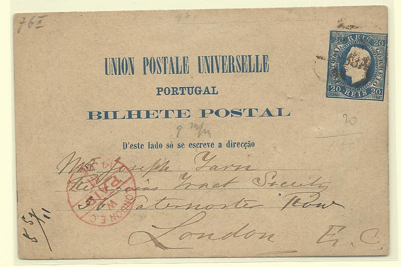 0364.jpg -     Lote:    364            Portugal       Descrição:         1879 &mdash; D. Luís I. Fita direita. Impressão em relevo. OM4c, 20 reis azul. Circulado de Lisboa (10.12.81) para Londres (14.12.81). Selo com a impressão do selo completamente deslocada e inclinado.         IC       Valor Base:     &euro; 200,00     Valor Venda:     &euro;      