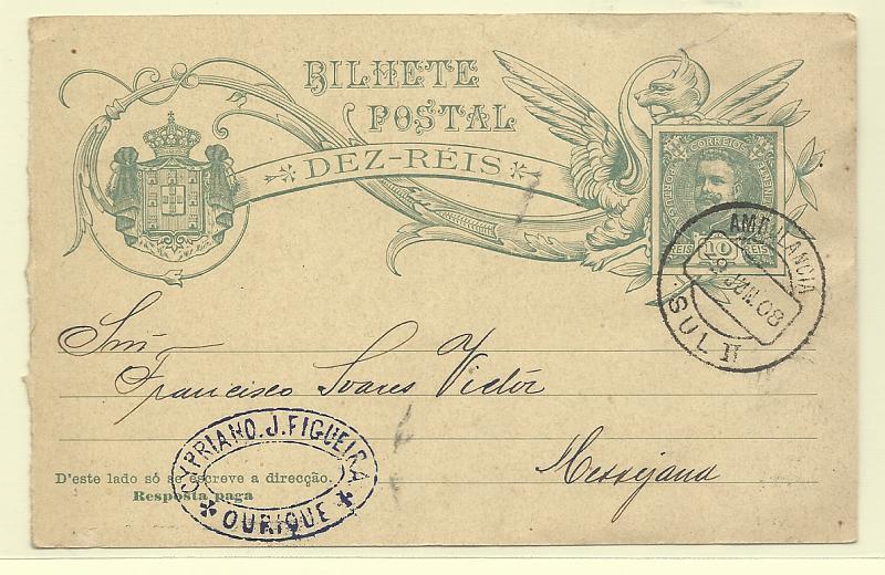0394.jpg -     Lote:    394            Portugal       Descrição:         1907/08 &mdash; D. Carlos I tipo Mouchon. OM46, 10+10 reis verde. Primeira folha circulada pela Ambulância Sul II (19.06.08) para Messejana. Carimbo batido a preto "AMBULANCIA / SULL II". Apenas emitidos 17.500 inteiros.         IC       Valor Base:     &euro; 12,00     Valor Venda:     &euro;      