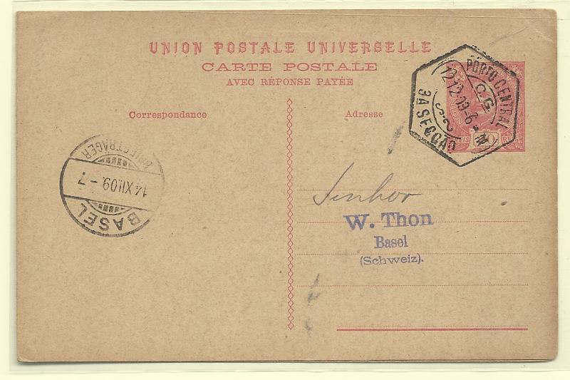 0395.jpg -     Lote:    395            Portugal       Descrição:         1907/08 &mdash; D. Carlos I, Mouchon. OM47, 20+20 reis vermelho-claro. Circulado do Porto (12.12.09) para a Suíça (14.12.09). B e R.         IC       Valor Base:     &euro; 15,00     Valor Venda:     &euro;      
