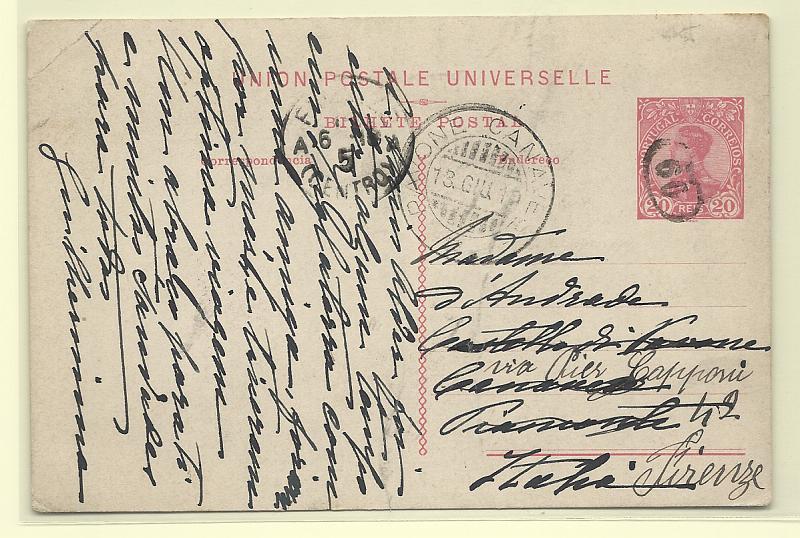 0397.jpg -     Lote:    397            Portugal       Descrição:         1910 &mdash; D. Manuel II. OM49, 20 reis carmim sobre cartolina branca, circulado para Piamonte (13.06.10) e reendereçado para Firenze (16.06.10) Obliterado com carimbo numérico "60".         IC       Valor Base:     &euro; 8,00     Valor Venda:     &euro;      