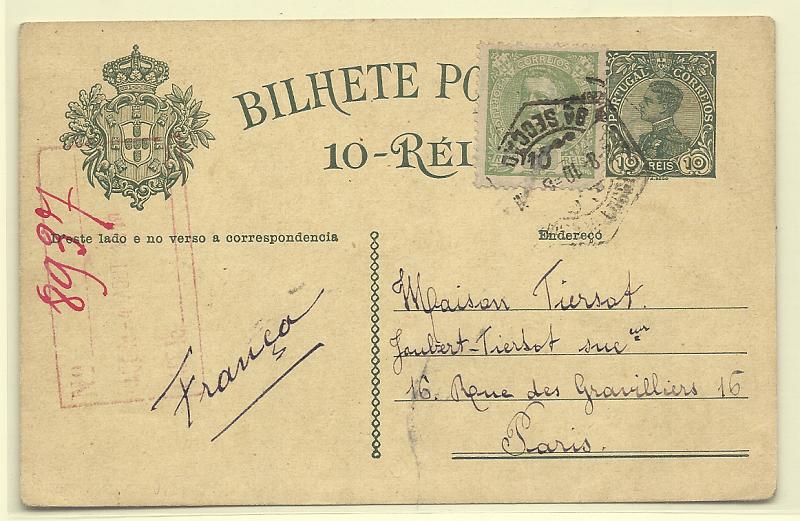 0398.jpg -     Lote:    398            Portugal       Descrição:         1910 &mdash; D. Manuel II. OM52, 10 reis verde sobre cartolina creme, circulado de Lisboa (02.08.10) para Paris, com selo adicional de 10 reis D. Carlos I Mouchon.         IC       Valor Base:     &euro; 8,00     Valor Venda:     &euro;      