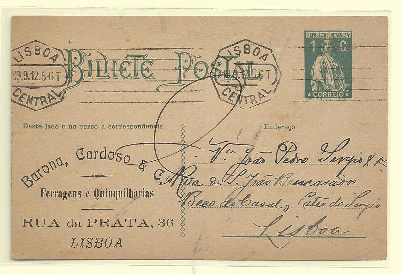 0400.jpg -     Lote:    400            Portugal       Descrição:         1912 &mdash; Ceres. OM56, 1C verde. Circulado em Lisboa (19.09.12). Repicado na frente e verso por "BARONA, CARDOSO & CIA.         IC       Valor Base:     &euro; 10,00     Valor Venda:     &euro;      