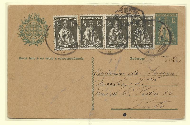 0401.jpg -     Lote:    401            Portugal       Descrição:         1912 &mdash; Ceres, com escudo à esquerda. OM59, 1C verde escuro sobre cartolina camurça. Circulado da Póvoa de varzim (21.04.18) para o Porto, com 4 selos adicionais de &frac14; c CE206.         IC       Valor Base:     &euro; 10,00     Valor Venda:     &euro;      
