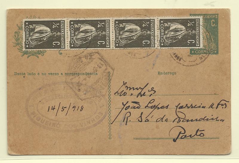 0402.jpg -     Lote:    402            Portugal       Descrição:         1912 &mdash; Ceres. OM59, 1C verde sobre cartolina camurça, grossa e rugosa. Circulado de Figueiró dos Vinhos (14.05.18) para o Porto (15.05.16) com tira de 4 selos tipo Ceres de &frac14; c, denteado 15x14. MB.         IC       Valor Base:     &euro; 12,00     Valor Venda:     &euro;      