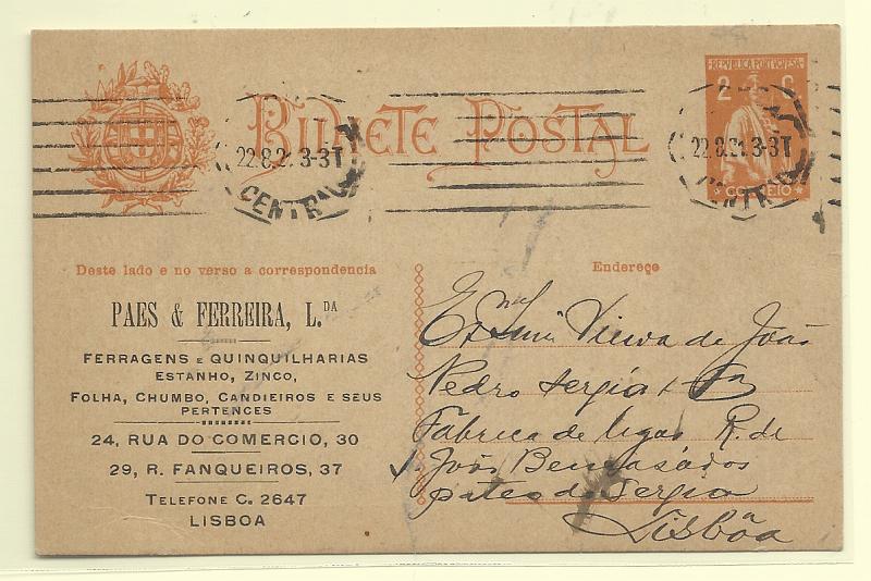 0403.jpg -     Lote:    403            Portugal       Descrição:         1918/20 &mdash; Ceres. OM61, 2C ocre. Circulado em Lisboa (22.01.21). Repicado na frente e verso por "PAES & FERREIRA LDA".         IC       Valor Base:     &euro; 8,00     Valor Venda:     &euro;      
