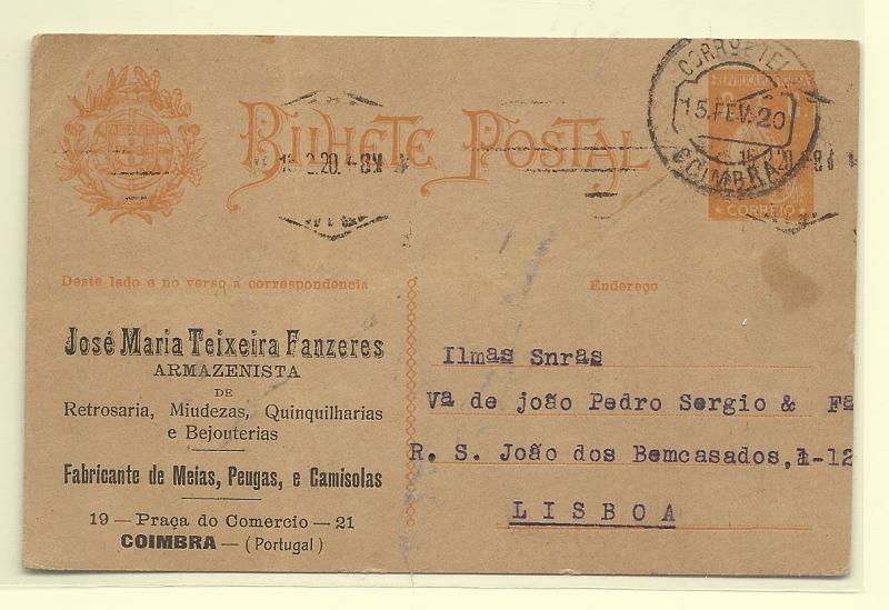 0404.jpg -     Lote:    404            Portugal       Descrição:         1918/20 &mdash; Ceres. OM61, 2C ocre. Circulado de Coimbra (15.02.20) para Lisboa. Repicado por "JOSÉ MARIA TEIXEIRA FANZERES".         IC       Valor Base:     &euro; 10,00     Valor Venda:     &euro;      