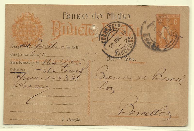 0405.jpg -     Lote:    405            Portugal       Descrição:         1918/20 &mdash; Ceres. OM61, 2c ocre, cartolina camurça. Circulado de Braga (21.07.19) para Barcelos. Repicado pelo BANCO DO MINHO.         IC       Valor Base:     &euro; 8,00     Valor Venda:     &euro;      