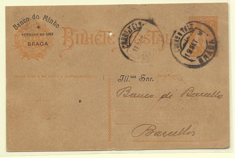 0407.jpg -     Lote:    407            Portugal       Descrição:         1918/20 &mdash; Ceres. OM61, 2c ocre, cartolina camurça. Circulado de Braga (21.09.19) para Barcelos. Repicado pelo BANCO DO MINHO.         IC       Valor Base:     &euro; 8,00     Valor Venda:     &euro;      