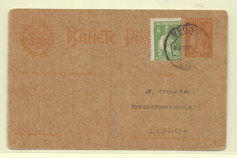 0408.jpg -     Lote:    408            Portugal       Descrição:         1918/20 &mdash; Ceres. OM63a, 2+2C laranja sobre cartolina camurça escura. 1.ª folha circulada de Évora (10.03.22) para Lisboa, com selo adicional tipo Ceres de 4C verde, denteado 12x11 &frac12;.         IC       Valor Base:     &euro; 10,00     Valor Venda:     &euro;      
