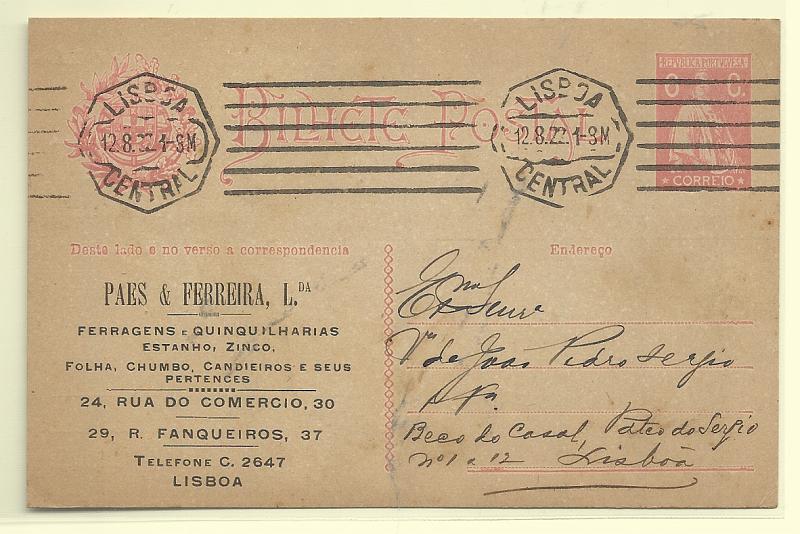 0410.jpg -     Lote:    410            Portugal       Descrição:         1922 &mdash; Ceres. OM69, 6C rosa. Circulado em Lisboa (12.08.22). Repicado na frente e verso por "PAES & FERREIRA LDA".         IC       Valor Base:     &euro; 8,00     Valor Venda:     &euro;      