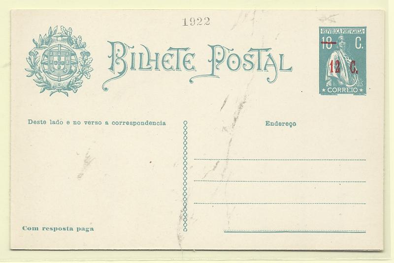 0412.jpg -     Lote:    412            Portugal       Descrição:         1922 &mdash; Ceres. OM72, 12+12C s/ 18+18C azul-verde, com impressão a preto do ano de emissão (1922).         IN       Valor Base:     &euro; 12,00     Valor Venda:     &euro;      