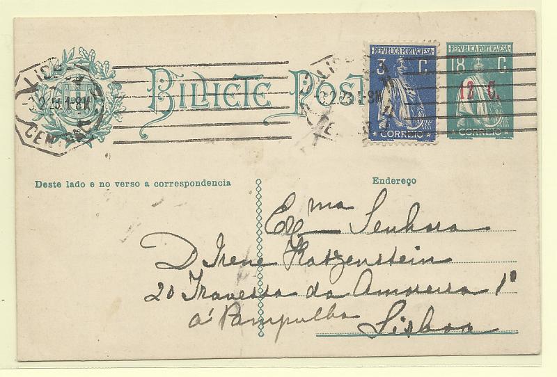 0413.jpg -     Lote:    413            Portugal       Descrição:         1922 &mdash; Ceres, tipo de 1921, com sobretaxa a vermelho. OM71, 12c s/ 18c azul-verde. Circulado em Lisboa (03.02.23), com selo adicional de 3c azul, tipo Ceres. MB e R.         IC       Valor Base:     &euro; 20,00     Valor Venda:     &euro;      