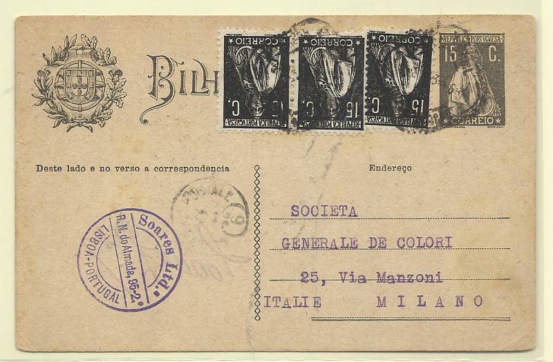0414.jpg -     Lote:    414            Portugal       Descrição:         1923 &mdash; Ceres. Aumento de porte. OM73b, 15c preto. Circulado de Lisboa (10.08.23) para a Itália, com 3 selos adicionais tipo Ceres de 15c preto CE253.         IC       Valor Base:     &euro; 10,00     Valor Venda:     &euro;      