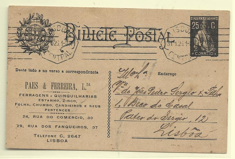 0415.jpg -     Lote:    415            Portugal       Descrição:         1924/26 &mdash; Ceres. OM74, 25C preto. Circulado em Lisboa (31.01.26). Repicado na frente e verso por "PAES & FERREIRA LDA".         IC       Valor Base:     &euro; 8,00     Valor Venda:     &euro;      