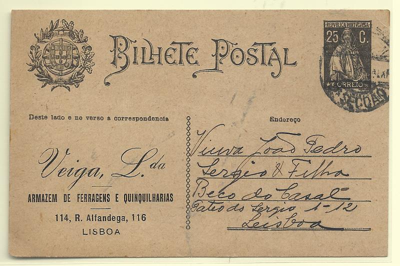 0416.jpg -     Lote:    416            Portugal       Descrição:         1924/26 &mdash; Ceres. OM74, 25C preto. Circulado em Lisboa (03.09.27). Repicado por VEIGA. LDA.         IC       Valor Base:     &euro; 8,00     Valor Venda:     &euro;      