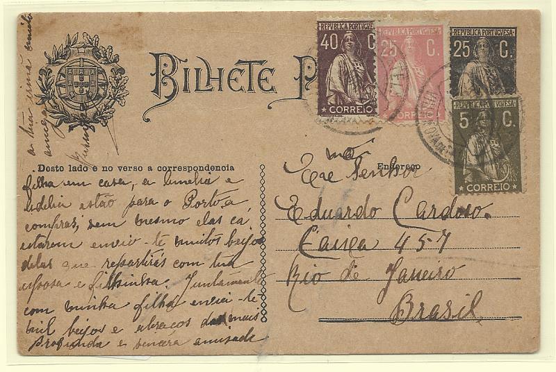 0417.jpg -     Lote:    417            Portugal       Descrição:         1924/26 &mdash; Ceres. OM 74b, 25 reis preto. Circulado de Vila Nova de Gaia (05.05.26) para o Brasil com selos adicionais tipo Ceres CE252, 255 e 283, perfazendo o porte de 95C.         IC       Valor Base:     &euro; 10,00     Valor Venda:     &euro;      