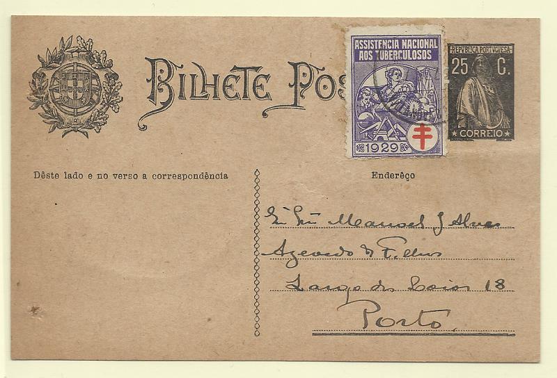 0418.jpg -     Lote:    418            Portugal       Descrição:         1924/26 &mdash; Ceres. OM74, 25c preto "Enderêço", circulado de Vila Nova de Gaia para o Porto (27.12.29), com vinheta da ANT de 1929.         IC       Valor Base:     &euro; 12,00     Valor Venda:     &euro;      