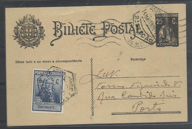 0419.jpg -     Lote:    419            Portugal       Descrição:         1924/26 &mdash; Ceres. OM74, 25c preto, cartolina camurça. Circulado no Porto (04.05.29) com selo adicional do Imposto Postal "Monumento ao Marquês de Pombal" / Efígie, de 15c azul CE IP18. MB         IC       Valor Base:     &euro; 20,00     Valor Venda:     &euro;      