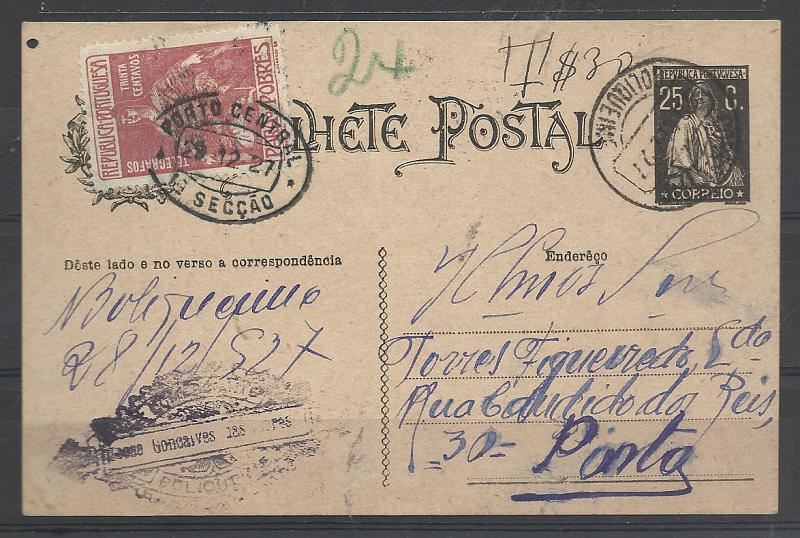0420.jpg -     Lote:    420            Portugal       Descrição:         1924/26 &mdash; Ceres. OM74, 25c preto, cartolina camurça. Circulado de Boliqueime (28.12.27) para o Porto (29.12.27). Por não ter sido franquiado com o selo de imposto postal "Para os Pobres" foi multado pelo dobro do porte em falta com selo de 30c CE IP12. MB e MR.         IC       Valor Base:     &euro; 50,00     Valor Venda:     &euro;      