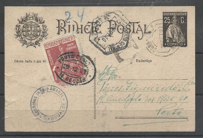 0421.jpg -     Lote:    421            Portugal       Descrição:         1924/26 &mdash; Ceres. OM74, 25c preto, cartolina camurça. Circulado de Mangualde (28.12.27) para o Porto (29.12.27). Por não ter sido franquiado com selo do imposto postal "PARA OS POBRES" devido no período foi porteado com o dobro do porte em falta com selo de 30c CE IP12. B e MR.         IC       Valor Base:     &euro; 30,00     Valor Venda:     &euro;      