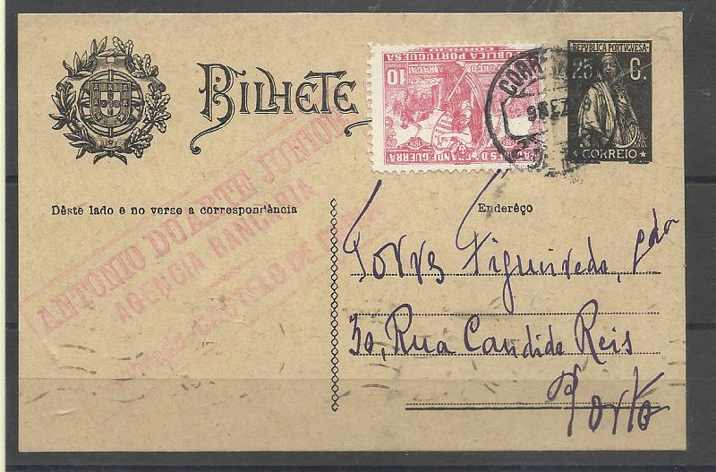 0422.jpg -     Lote:    422            Portugal       Descrição:         1924/26 &mdash; Ceres. OM74, 25c preto, cartolina creme. Circulado de Castelo de Paiva (09.12.28) para o Porto com selo adicional de 10c carmim do imposto postal (Padrões da Grande Guerra" CE IP17.         IC       Valor Base:     &euro; 20,00     Valor Venda:     &euro;      
