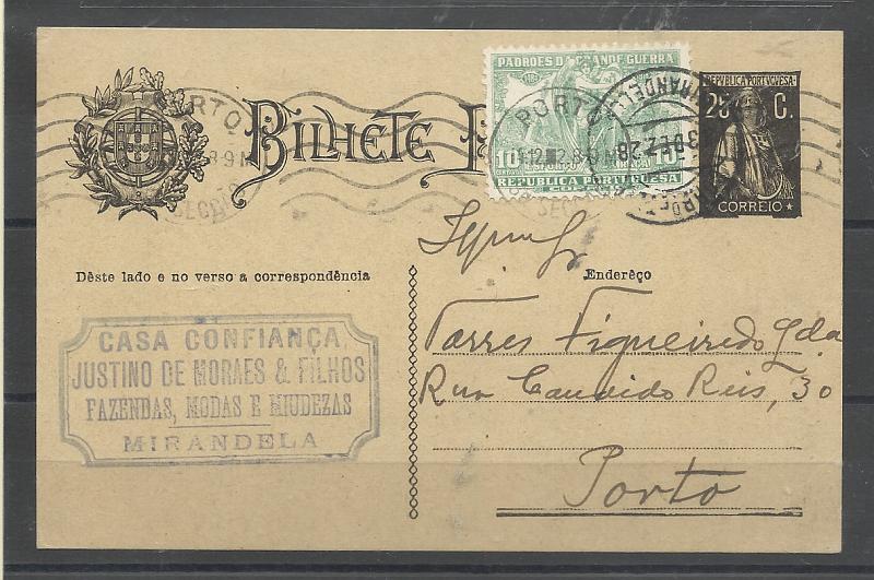 0423.jpg -     Lote:    423            Portugal       Descrição:         1924/26 &mdash; Ceres. OM74, 25c preto, cartolina creme. Circulado de Mirandela (13.12.28) para o Porto (14.12.28) com selo adicional de 10c verde do imposto postal (Padrões da Grande Guerra" CE IP14.         IC       Valor Base:     &euro; 20,00     Valor Venda:     &euro;      