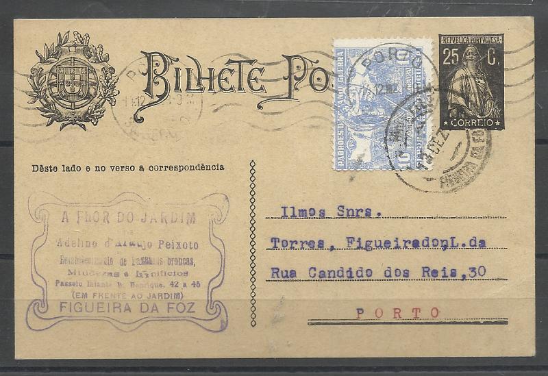 0424.jpg -     Lote:    424            Portugal       Descrição:         1924/26 &mdash; Ceres. OM74, 25c preto, cartolina creme. Circulado da Figueira da Foz (13.12.28) para o Porto (14.12.28) com selo adicional de 10c azul do imposto postal (Padrões da Grande Guerra" CE IP15.         IC       Valor Base:     &euro; 20,00     Valor Venda:     &euro;      