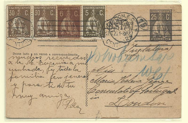 0425.jpg -     Lote:    425            Portugal       Descrição:         1924/26 &mdash; Ceres. OM74a, 25C preto. Circulado de Lisboa (10.03.26) para Londres, com selos adicionais tipo Ceres de 5C, 6C e 2x30C CE252, 277 e 281.         IC       Valor Base:     &euro; 15,00     Valor Venda:     &euro;      