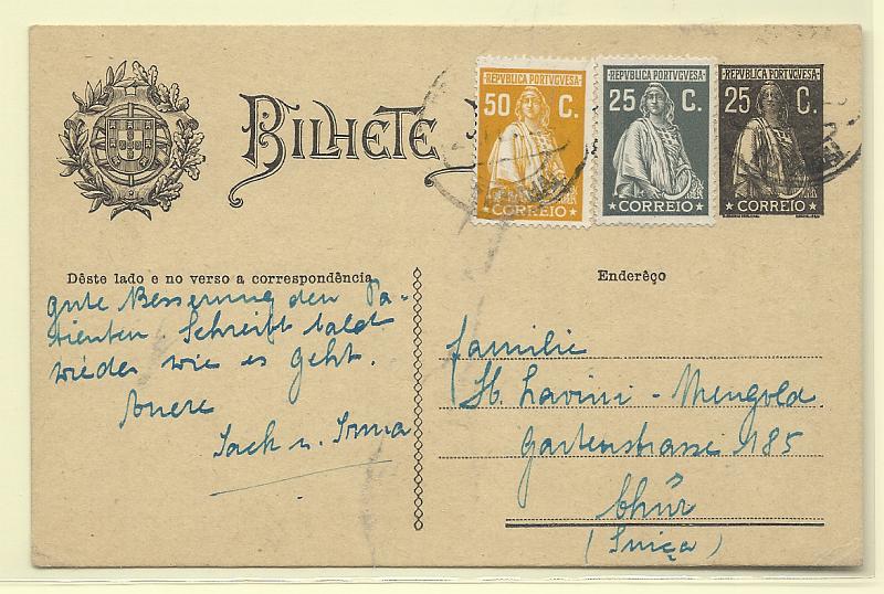 0427.jpg -     Lote:    427            Portugal       Descrição:         1924/26 &mdash; Ceres. Aumento de porte. OM74a, 25c preto. Circulado do Funchal (27.02.29) para a Suiça, com selos adicionais de 25c e 50c tipo Ceres &mdash; Emissão Londres.         IC       Valor Base:     &euro; 15,00     Valor Venda:     &euro;      