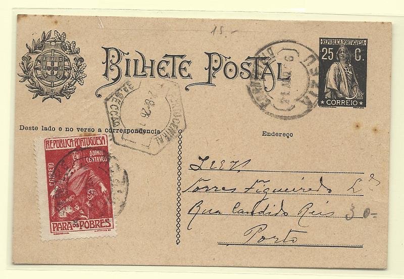 0429.jpg -     Lote:    429            Portugal       Descrição:         1924/26 &mdash; Ceres. OM74, 25c preto "Endereço", circulado de Viseu (21.08.26) para o Porto com selo do imposto postal "Para os Pobres" de 15c.         IC       Valor Base:     &euro; 10,00     Valor Venda:     &euro;      