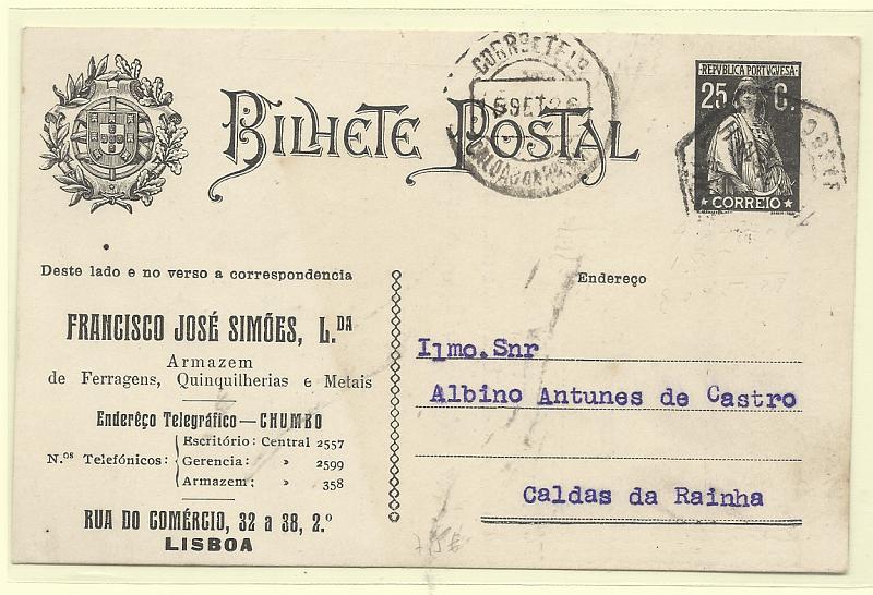 0430.jpg -     Lote:    430            Portugal       Descrição:         1924 . Ceres. OM74, preto sobre cartolina branca. Circulado de Lisboa (14.09.26) para Caldas da Rainha (15.09.26). Repicado frente e verso por: FRANCISCO JOSÉ SIMÕES, LDA.         IC       Valor Base:     &euro; 8,00     Valor Venda:     &euro;      