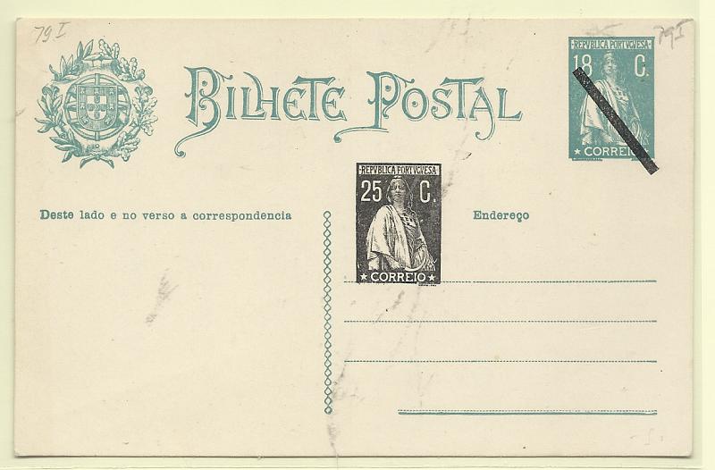 0431.jpg -     Lote:    431            Portugal       Descrição:         1924 &mdash; Ceres, com novos selos aplicados como sobretaxa e sobrecarga. OM76a (Selo abaixo de Postal), 25C preto s/ 18C azul-verde.         IN       Valor Base:     &euro; 12,00     Valor Venda:     &euro;      