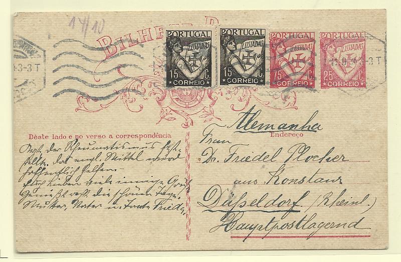 0433.jpg -     Lote:    433            Portugal       Descrição:         1931 &mdash; Lusíadas. OM80, 25C carmim. Circulado de Lisboa (11.09.34) para a Alemanha, com selos adicionais de 2x15C + 75C todos tipo Lusíadas. MB         IC       Valor Base:     &euro; 15,00     Valor Venda:     &euro;      