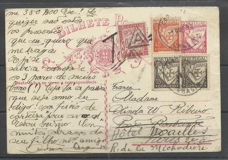 0434.jpg -     Lote:    434            Portugal       Descrição:         1931 &mdash; Selo tipo Lusíadas. OM80, 25c carmim, cartolina branca. Circulado de Chacim (01.10.33) para Paris, com selos adicionais tipo Lusíadas, 2x15c e 40c. Remetido para a Posta Restante, foi porteada em França com selo de 30c.         IC       Valor Base:     &euro; 25,00     Valor Venda:     &euro;      