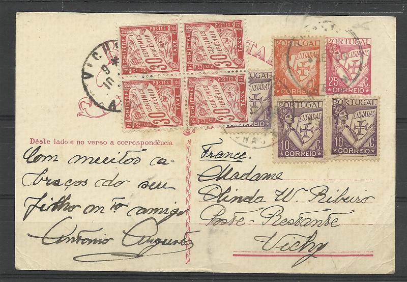 0435.jpg -     Lote:    435            Portugal       Descrição:         1931 &mdash; Selo tipo Lusíadas. OM80, 25c carmim, cartolina branca. Circulado de Chacim (01.09.33) para Vichy * França, com selos adicionais tipo Lusíadas, 3x10c e 40c. Remetido para a Posta Restante, foi porteada em França com 4 selos de 30c.         IC       Valor Base:     &euro; 25,00     Valor Venda:     &euro;      