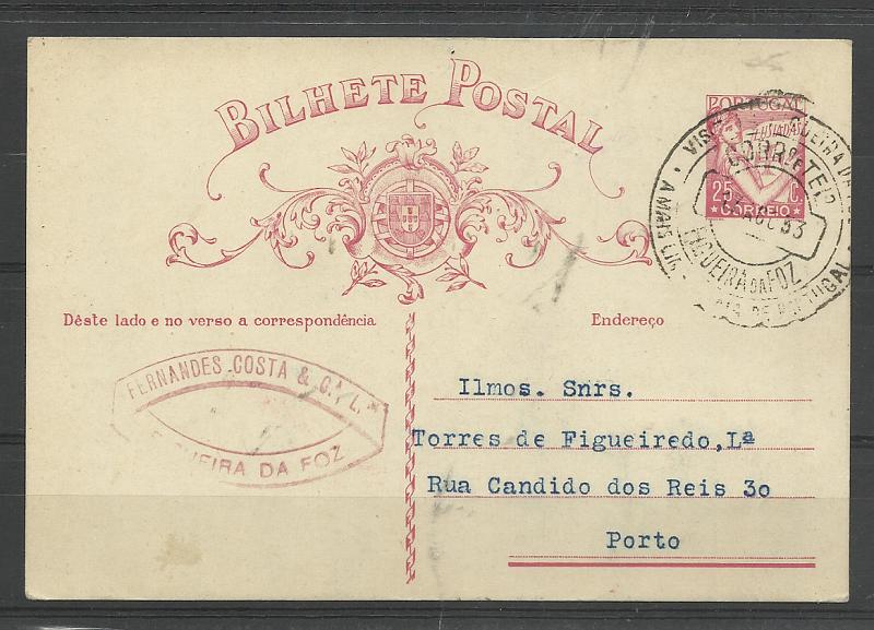 0436.jpg -     Lote:    436            Portugal       Descrição:         Carimbos publicitários. Inteiro postal de $25 "Lusíadas" CE80, circulado da Figueira da Foz (17.08.33) para o Porto. Carimbo de triplo círculo batido a preto "VISITAI A FIGUEIRA DA FOZ / A MAIS LINDA PRAIA DE PORTUGAL". Inteiro com amostra colada no verso. B.         IC       Valor Base:     &euro; 15,00     Valor Venda:     &euro;      
