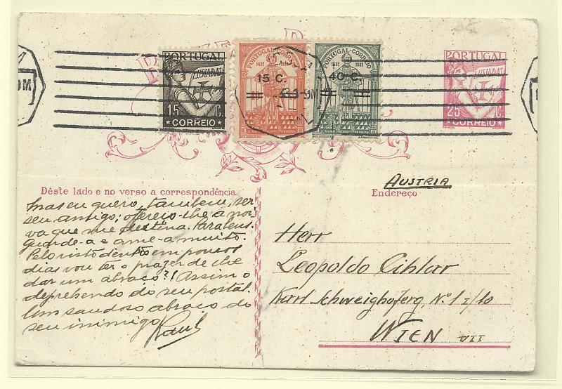 0437.jpg -     Lote:    437            Portugal       Descrição:         1931 &mdash; Lusíadas. OM80, 25 reis carmim. Circulado de Lisboa (18.10.33) para Viena, com selos adicionais CE517, 548 e 550.         IC       Valor Base:     &euro; 30,00     Valor Venda:     &euro;      