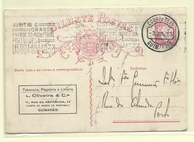 0438.jpg -     Lote:    438            Portugal       Descrição:         1931 &mdash; Lusíadas. OM80, 25C carmim. Circulado de Guimarães (03.07.33) para o Porto. Repicado por: TABACARIA, PAPELARIA E LIVRARIA / L. OLIVEIRA & C.ª".         IC       Valor Base:     &euro; 5,00     Valor Venda:     &euro;      