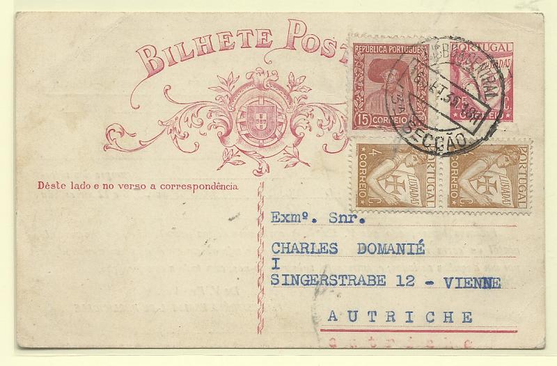 0439.jpg -     Lote:    439            Portugal       Descrição:         1931 &mdash; Lusíadas. OM80, 25C carmim, cartolina branca. Circulado de Lisboa (16.09.35) para a Áustria, com selos adicionais de 15C (Infante D. Henrique) + 2x4C tipo Lusíadas, perfazendo o porte de 48C. Repicado pela "EMPRESA NACIONAL DE PUBLICIDADE S.A.R.L.".         IC       Valor Base:     &euro; 20,00     Valor Venda:     &euro;      