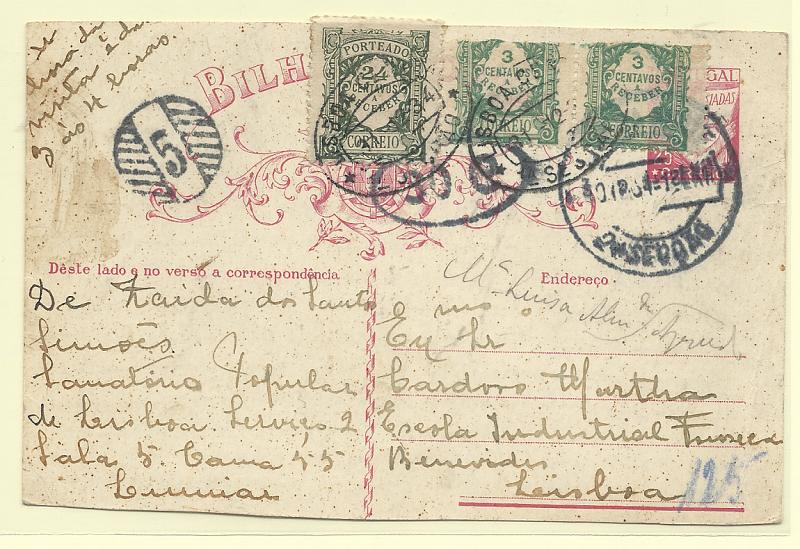 0440.jpg -     Lote:    440            Portugal       Descrição:         1931 &mdash; Lusíadas. CE80, 25C carmim circulado em Lisboa (28.12.34). Como foram utilizados espaços não destinados a texto foi porteada como carta, no dobro do porte em falta 15cx2=30C com selos CE POR 24 (2) e POR35.         IC       Valor Base:     &euro; 10,00     Valor Venda:     &euro;      