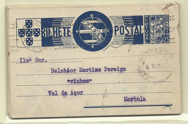 0441.jpg -     Lote:    441            Portugal       Descrição:         1935/39 &mdash; Tudo pela Nação. Lote composto por 1 inteiro OM82 e 9 inteiros OM83, todos com furos de arquivo. Alguns repicados por: JOÃO PIRES & FILHOS, LDA, FARO (3): BENTO DOS SANTOS COSTA & CIA LDA; MOREIRAS, LIMITADA, BANCO NACIONAL ULTRAMARINO (2); M. B. B. TEIXEIRA, LDA; CARLOS SCHMIDT, LDA. Lote a ver..         IC       Valor Base:     &euro; 10,00     Valor Venda:     &euro;      