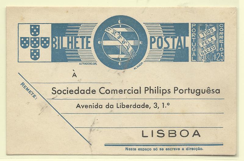 0442.jpg -     Lote:    442            Portugal       Descrição:         1936/39 &mdash; Tudo pela Nação. OM83, $25 azul. Novo. Repicado na frente e verso pela "SOCIEDADE COMERCIAL PHILIPS PORTUGUÊSA".         IN       Valor Base:     &euro; 10,00     Valor Venda:     &euro;      