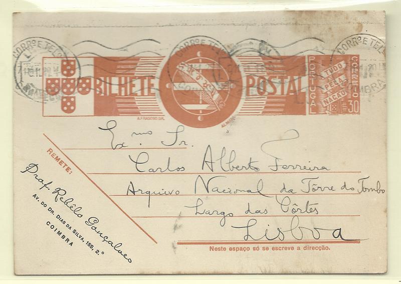 0447.jpg -     Lote:    447            Portugal       Descrição:         194&frac14;2 &mdash; Tudo pela Nação. OM94, $30 ocre-castanho. Circulado de Coimbra (07.11.41) para Lisboa. Repicado na frente por "PROF. REBÊLO GONÇALVES".         IC       Valor Base:     &euro; 10,00     Valor Venda:     &euro;      