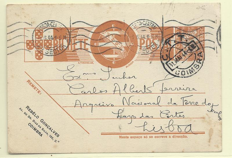 0448.jpg -     Lote:    448            Portugal       Descrição:         194&frac14;2 &mdash; Tudo pela Nação. OM94, $30 ocre-castanho. Circulado de Coimbra (31.05.44) para Lisboa (01.06.44). Repicado na frente por "REBÊLO GONÇALVES".         IC       Valor Base:     &euro; 10,00     Valor Venda:     &euro;      