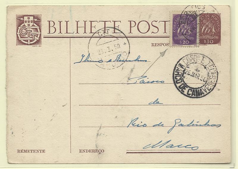 0449.jpg -     Lote:    449            Portugal       Descrição:         1943 &mdash; Caravela. OM100, $30+$30, castanho-escuro. Primeira folha circulada do Porto (25.03.50) para Marco de Canavezes (26.03.50) com selo adicional de $20 tipo Caravela. B e R. Repicado pela DIOCESE DO PORTO.         IC       Valor Base:     &euro; 15,00     Valor Venda:     &euro;      