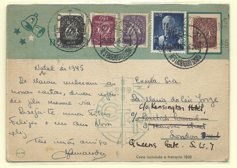 0450.jpg -     Lote:    450            Portugal       Descrição:         1945 &mdash; Boas Festas. OM105, $30 castanho (N.º 100 &mdash; Adoração dos Pastores). Circulado de Lisboa (23.12.45) para Londres, com selos adicionais CE617, 620, 623 e 657.         IC       Valor Base:     &euro; 10,00     Valor Venda:     &euro;      