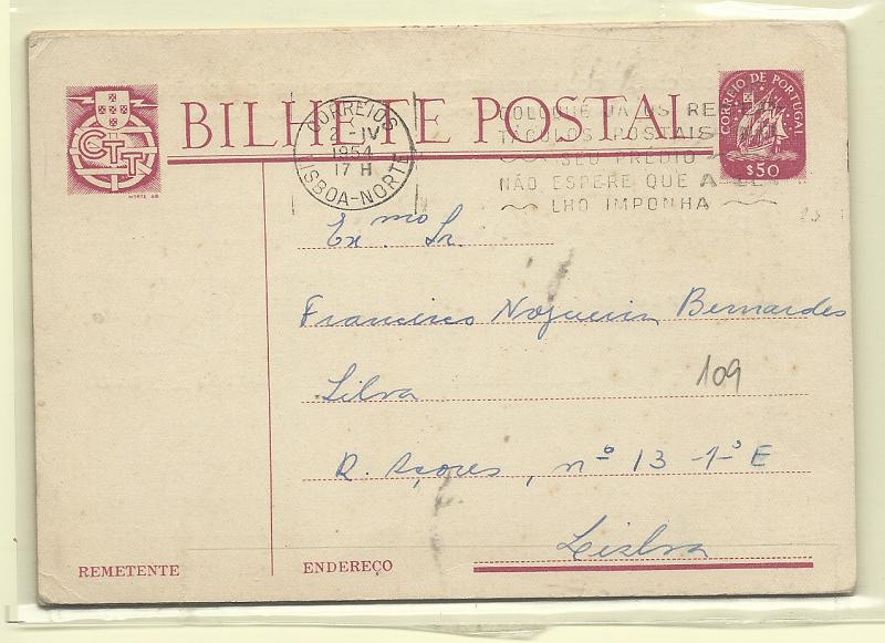 0452.jpg -     Lote:    452            Portugal       Descrição:         1949/50 &mdash; Caravela. OM116, $50 lilás-rosa. Lote de quatro inteiros postais repicados por ASSOCIAÇÃO DOS ESTUDANTES DO INSTITUTO SUPERIOR TECNICO (2 diferentes), IRMÂOS CABRAL e COSTA & MOREIRA, SUC.RES, LDª.         IC       Valor Base:     &euro; 8,00     Valor Venda:     &euro;      