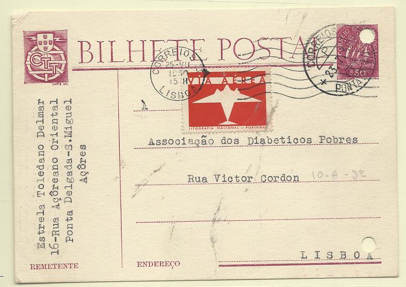 0453.jpg -     Lote:    453            Portugal       Descrição:         1949/50 &mdash; Caravela. OM116, $50. Circulado de Ponta Delgada (23.07.50) para Lisboa (25.07.50) com etiqueta indicadora do serviço aéreo em vermelho, mas sem a sobretaxa aérea. Furos de arquivo.         IC       Valor Base:     &euro; 10,00     Valor Venda:     &euro;      