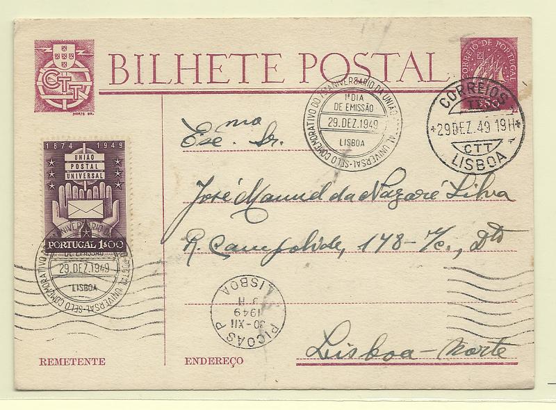 0454.jpg -     Lote:    454            Portugal       Descrição:         1949 &mdash; 75.º Aniversário da UPU. Inteiro postal com selo tipo Caravela circulado em Lisboa (29.12.49) com selo de 1$00 CE715, obliterado com carimbo comemorativo do primeiro dia de circulação. R.         FDC       Valor Base:     &euro; 10,00     Valor Venda:     &euro;      